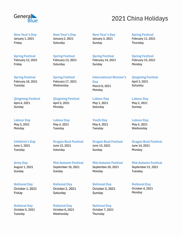 Free printable list of China holidays for year 2021