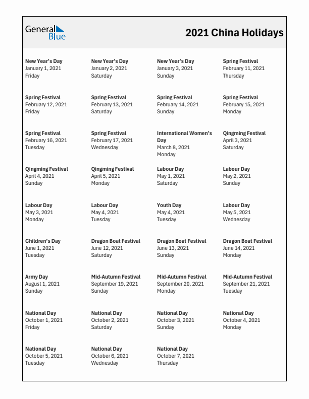 Free printable list of China holidays for year 2021