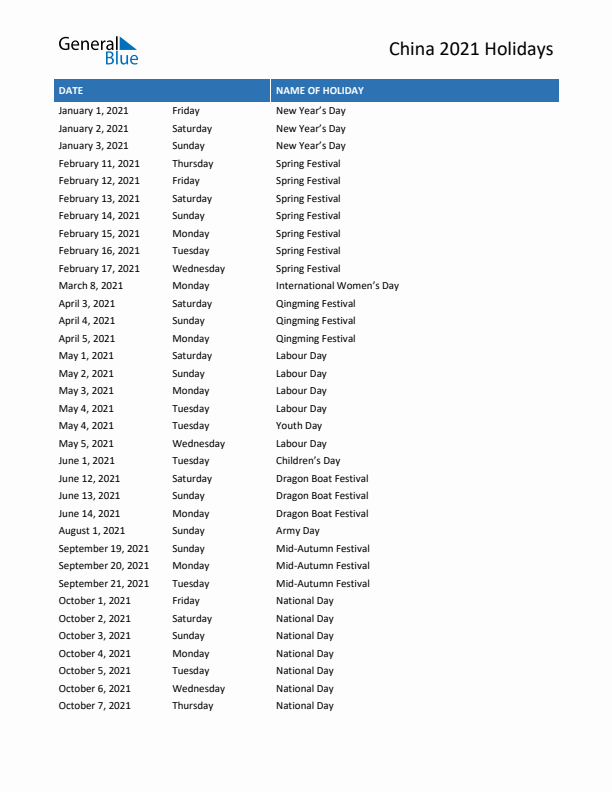 Free printable list of China holidays for year 2021