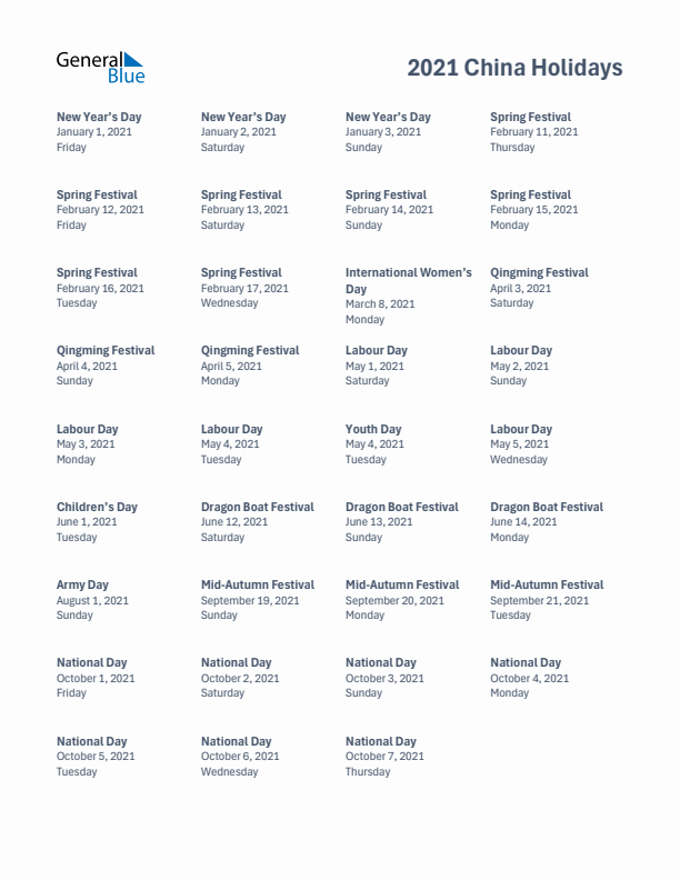 Free printable list of China holidays for year 2021