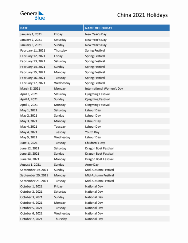 Free printable list of China holidays for year 2021