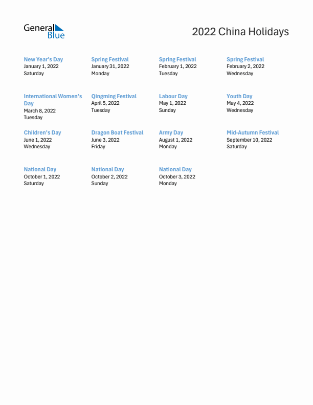 Free printable list of China holidays for year 2022