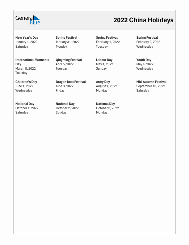 Free printable list of China holidays for year 2022