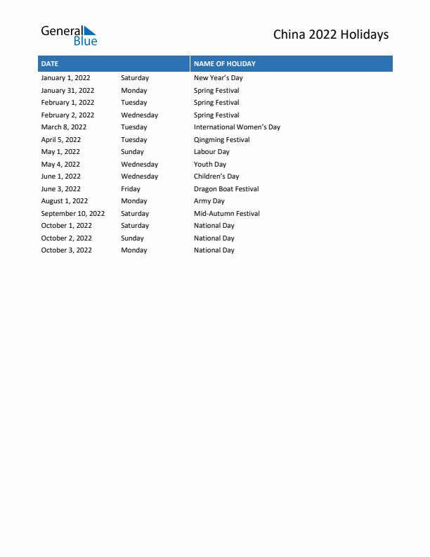 Free printable list of China holidays for year 2022