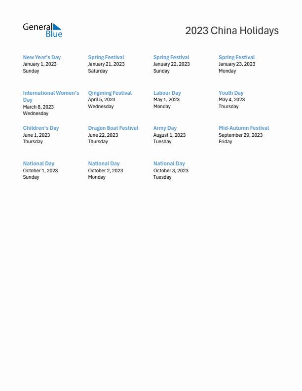 Free printable list of China holidays for year 2023