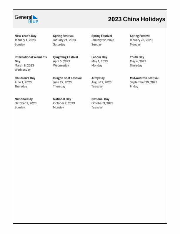 Free printable list of China holidays for year 2023