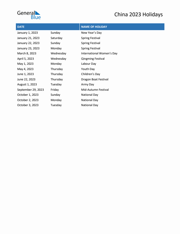 Free printable list of China holidays for year 2023