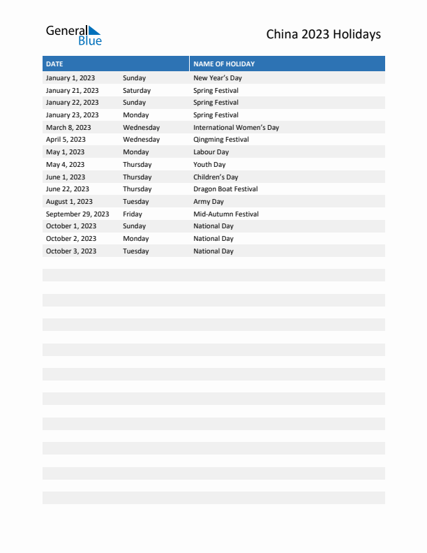 Free printable list of China holidays for year 2023