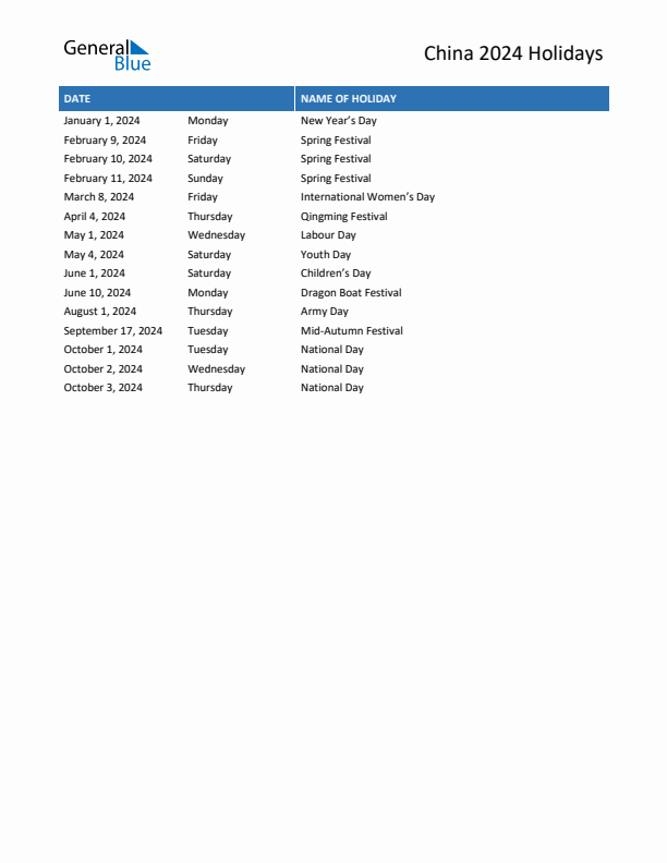 Free printable list of China holidays for year 2024