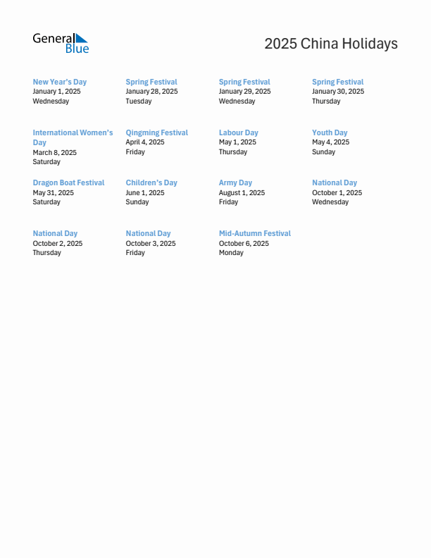 Free printable list of China holidays for year 2025