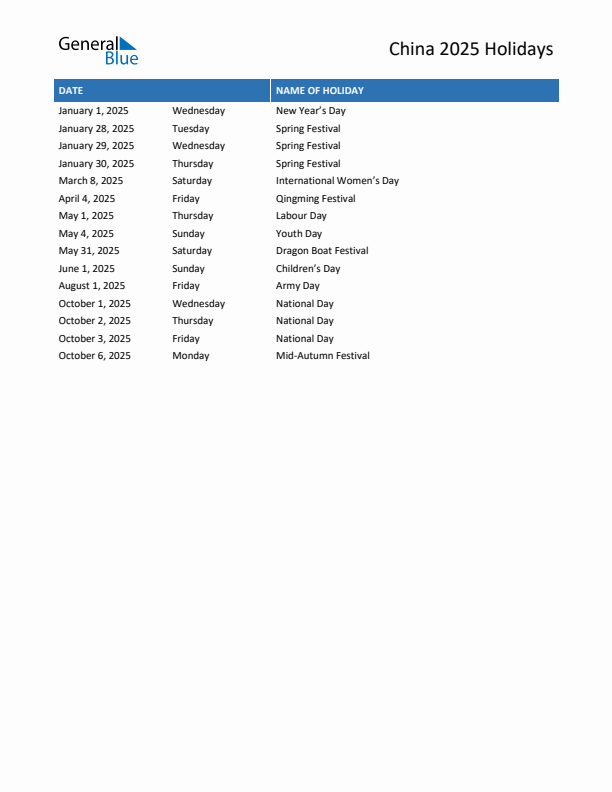 Free printable list of China holidays for year 2025