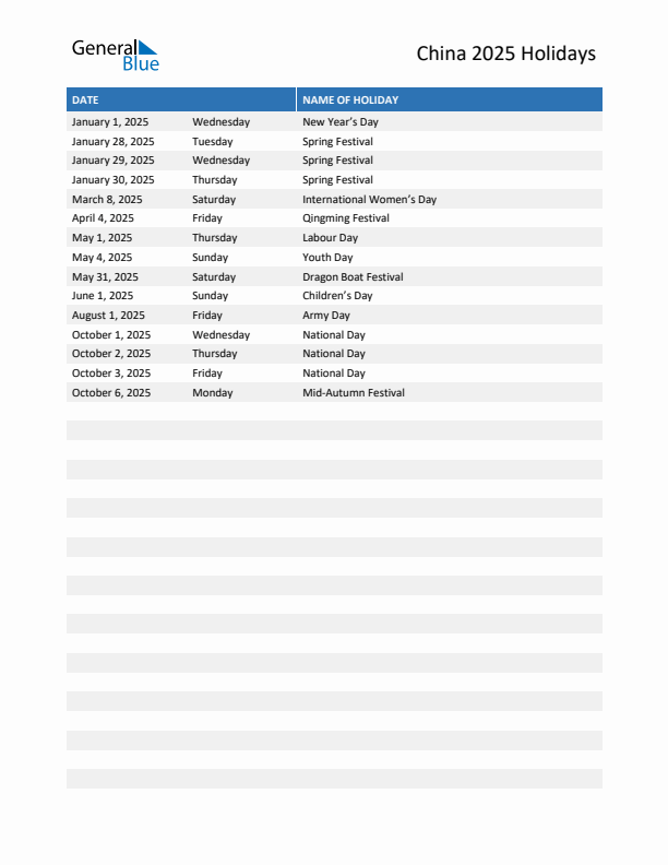 Free printable list of China holidays for year 2025