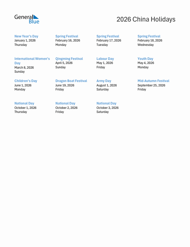 Free printable list of China holidays for year 2026