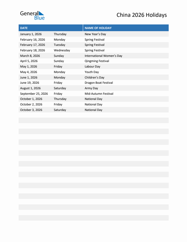 Free printable list of China holidays for year 2026