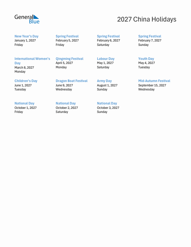 Free printable list of China holidays for year 2027