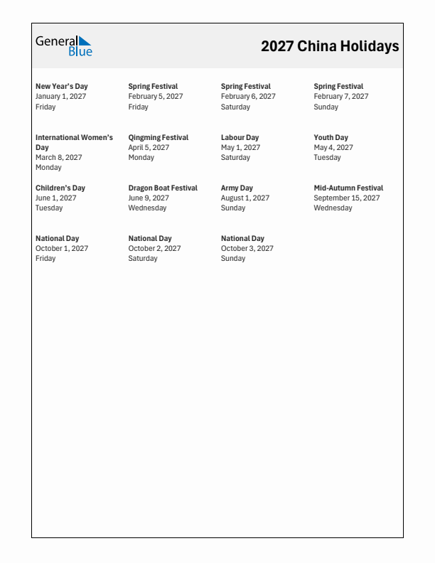 Free printable list of China holidays for year 2027