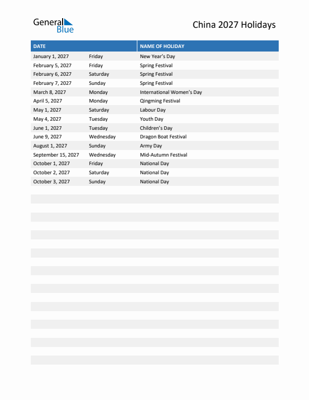 Free printable list of China holidays for year 2027