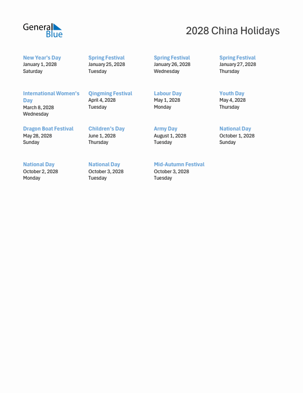 Free printable list of China holidays for year 2028