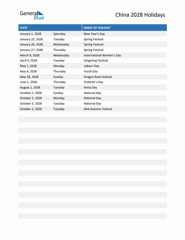 Free printable list of China holidays for year 2028