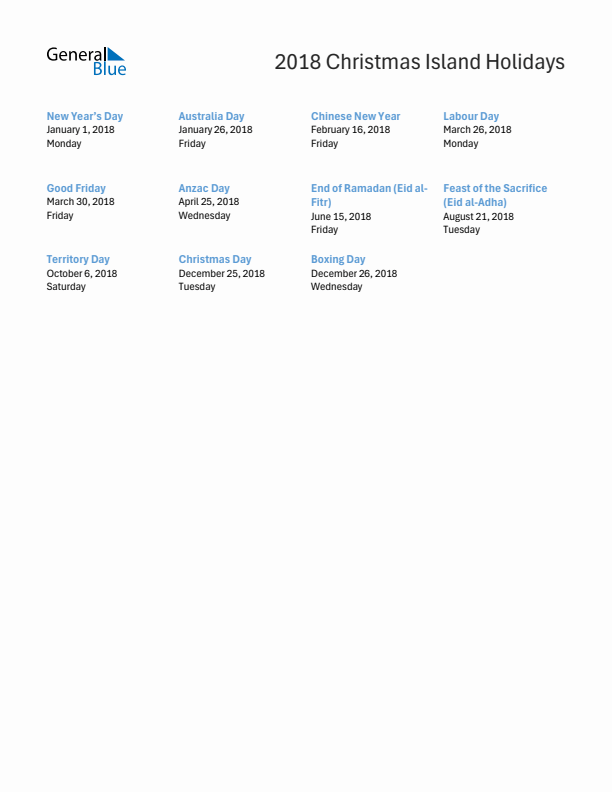 Free printable list of Christmas Island holidays for year 2018