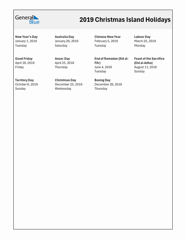 Free printable list of Christmas Island holidays for year 2019