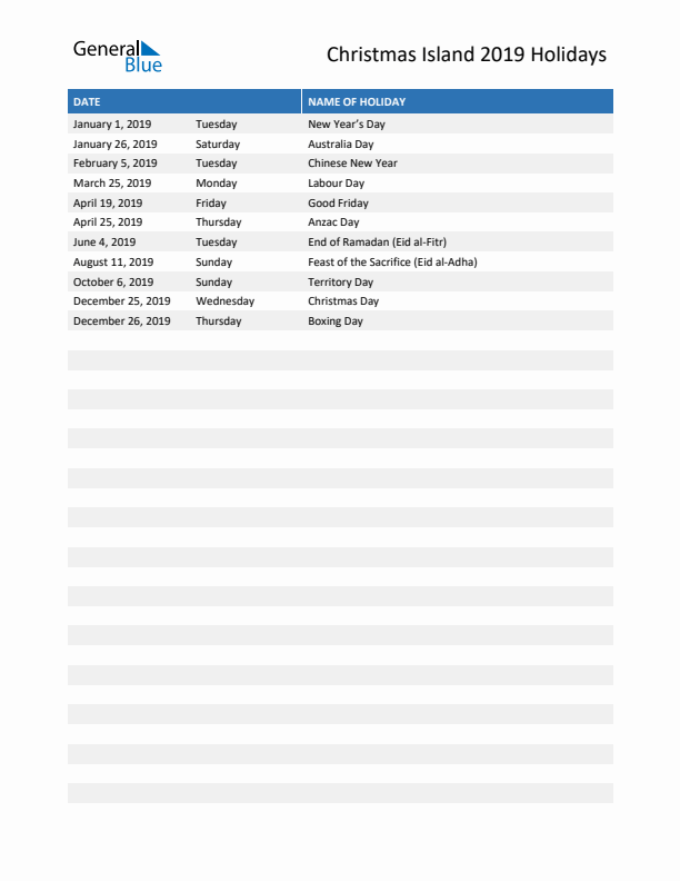 Free printable list of Christmas Island holidays for year 2019