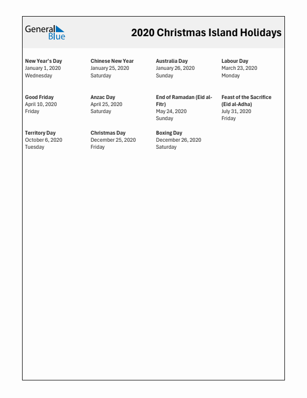 Free printable list of Christmas Island holidays for year 2020