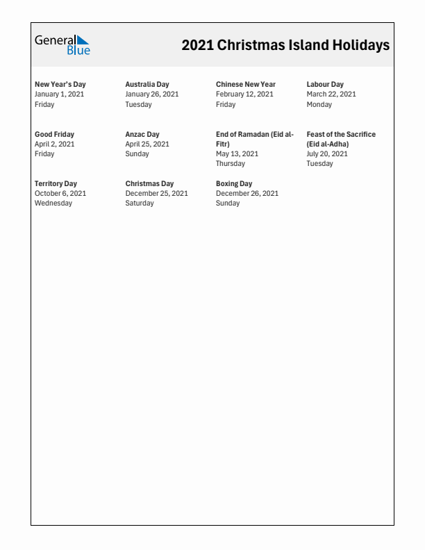 Free printable list of Christmas Island holidays for year 2021