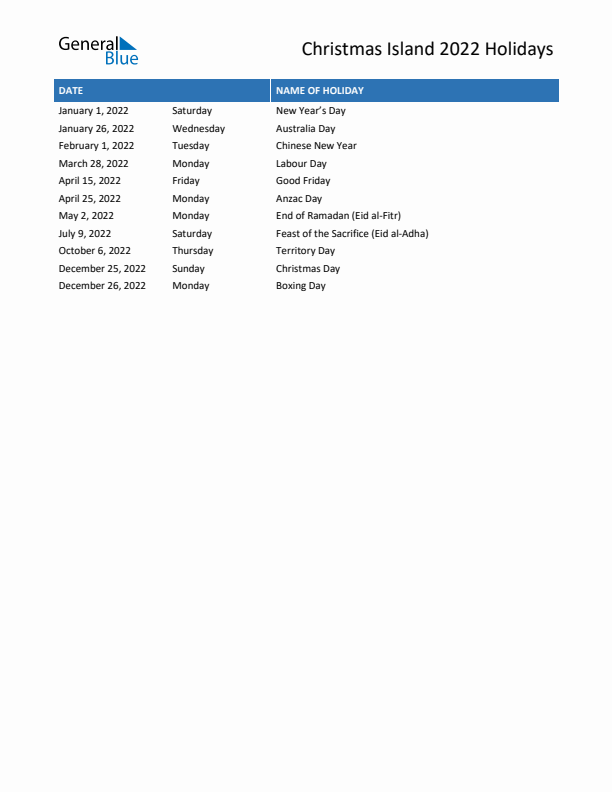 Free printable list of Christmas Island holidays for year 2022