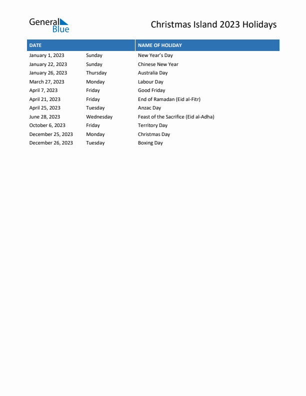 Free printable list of Christmas Island holidays for year 2023