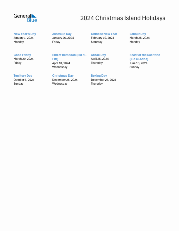 Free printable list of Christmas Island holidays for year 2024