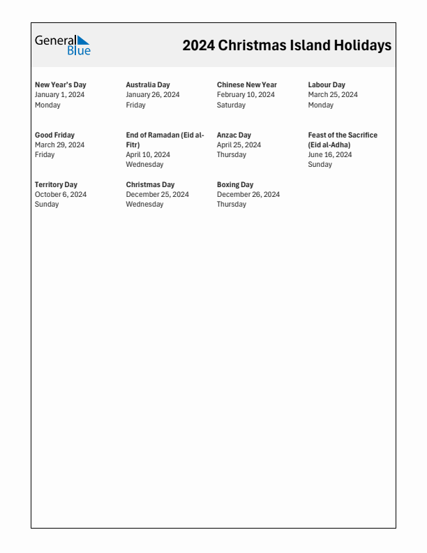 Free printable list of Christmas Island holidays for year 2024