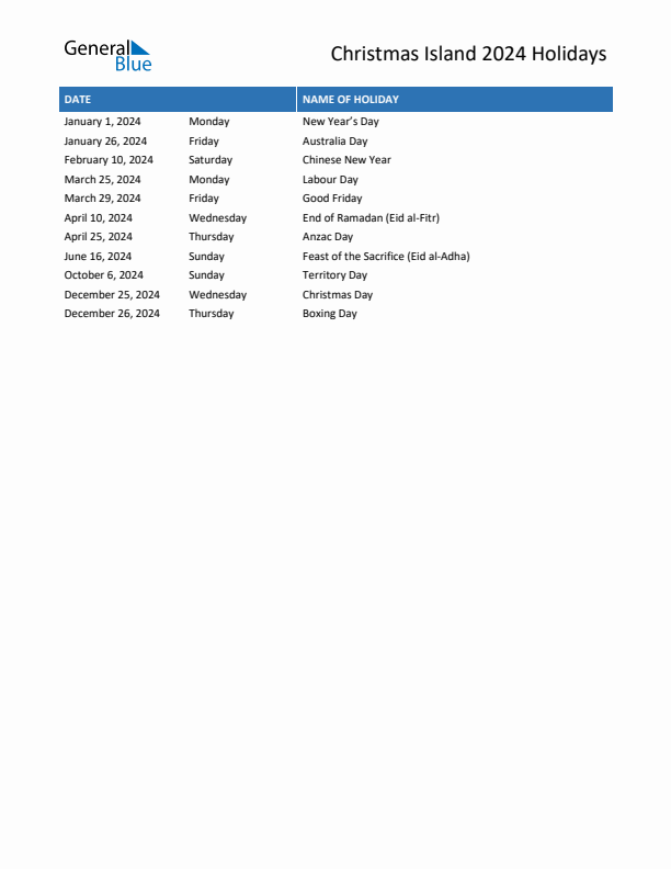 Free printable list of Christmas Island holidays for year 2024