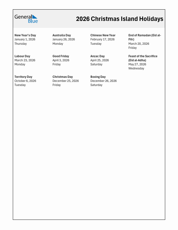 Free printable list of Christmas Island holidays for year 2026