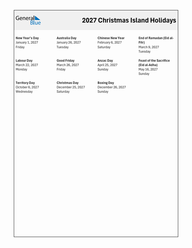 Free printable list of Christmas Island holidays for year 2027