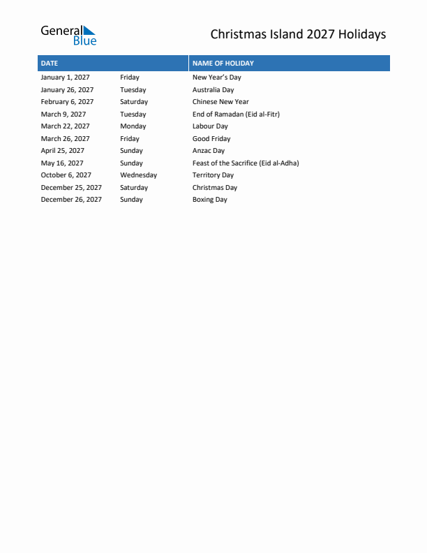 Free printable list of Christmas Island holidays for year 2027