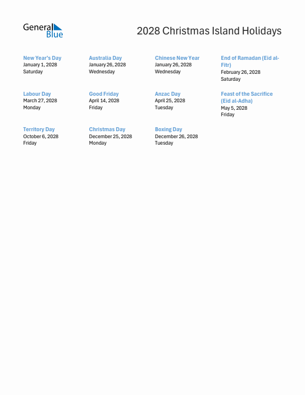 Free printable list of Christmas Island holidays for year 2028