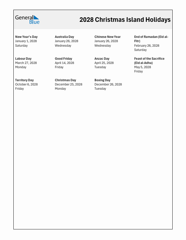 Free printable list of Christmas Island holidays for year 2028