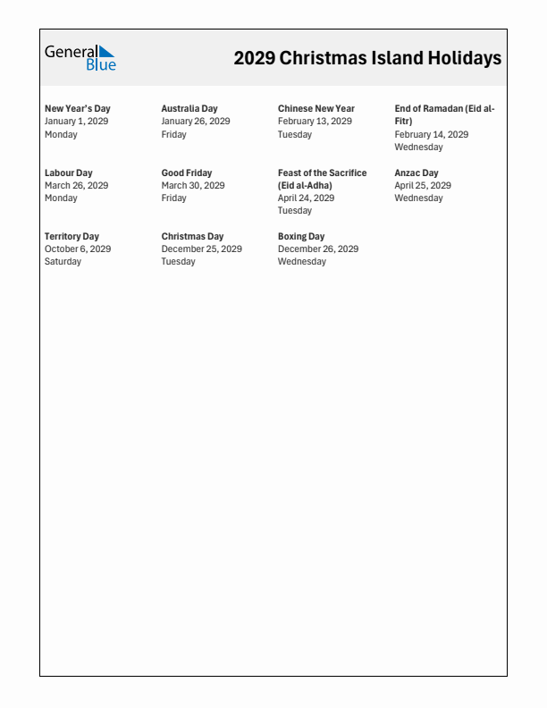 Free printable list of Christmas Island holidays for year 2029