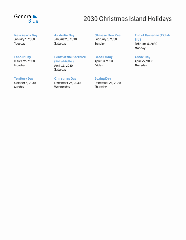 Free printable list of Christmas Island holidays for year 2030