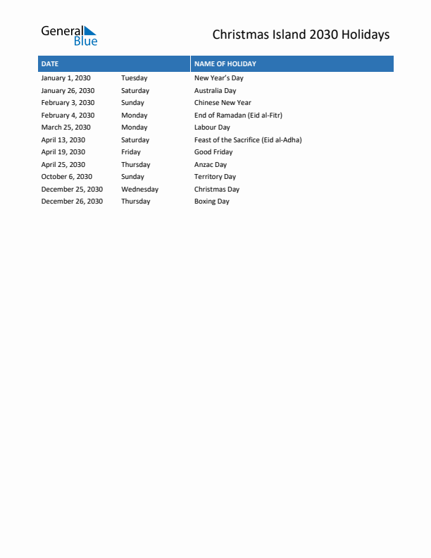 Free printable list of Christmas Island holidays for year 2030