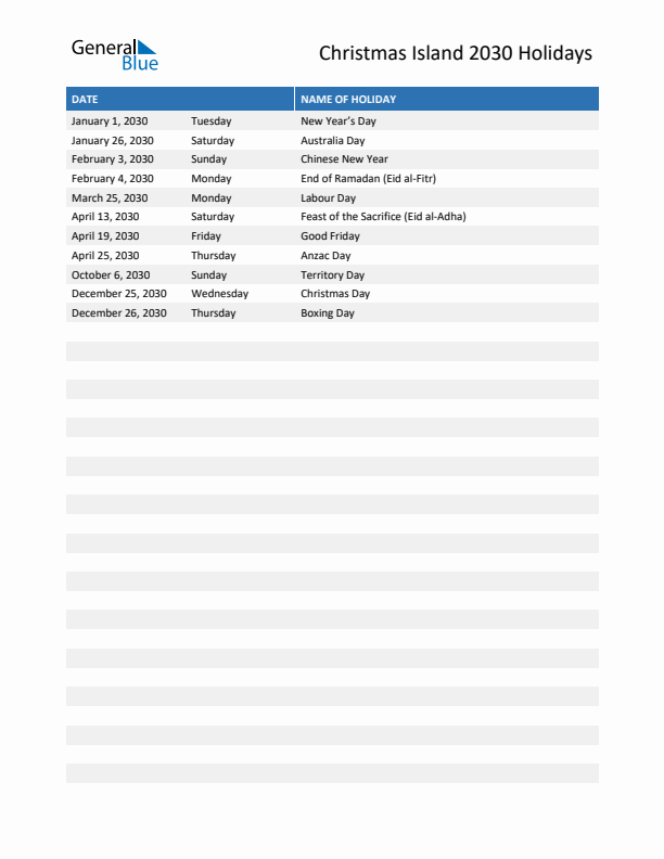 Free printable list of Christmas Island holidays for year 2030