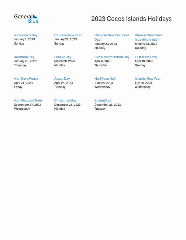 Free printable list of Cocos Islands holidays for year 2023