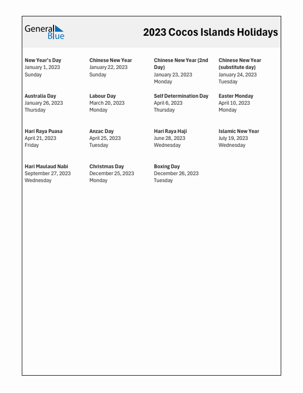 Free printable list of Cocos Islands holidays for year 2023