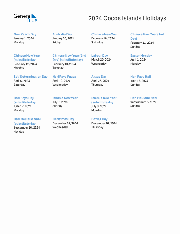 Free printable list of Cocos Islands holidays for year 2024