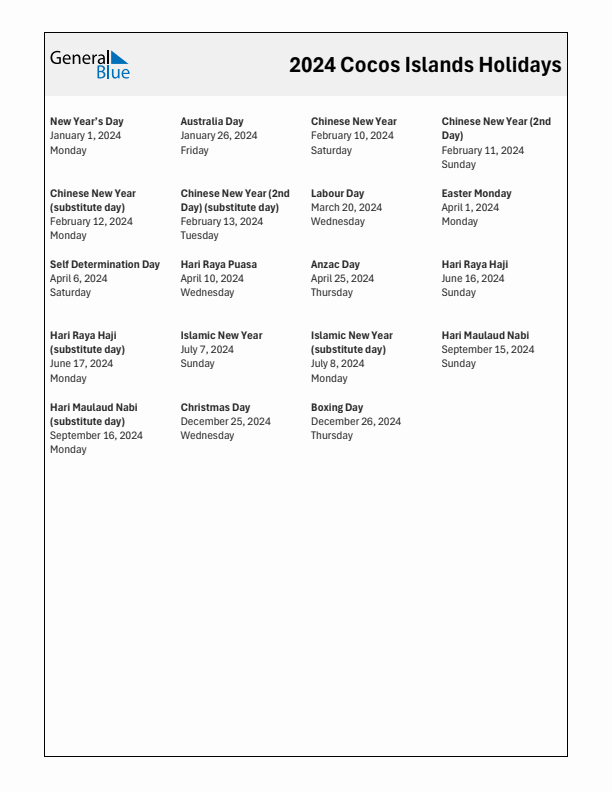 Free printable list of Cocos Islands holidays for year 2024