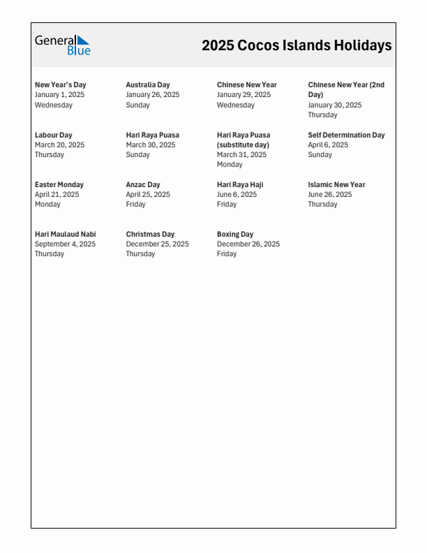 Free printable list of Cocos Islands holidays for year 2025