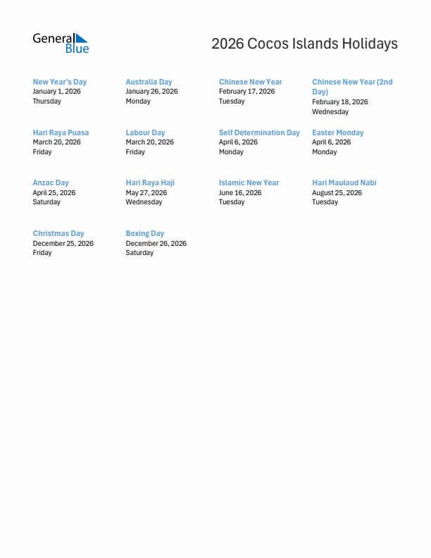 Free printable list of Cocos Islands holidays for year 2026