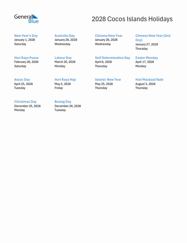 Free printable list of Cocos Islands holidays for year 2028