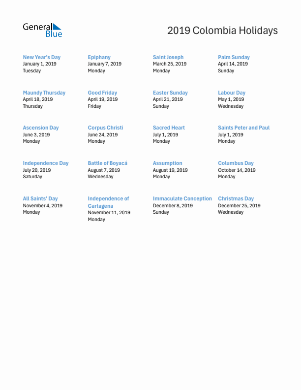 Free printable list of Colombia holidays for year 2019